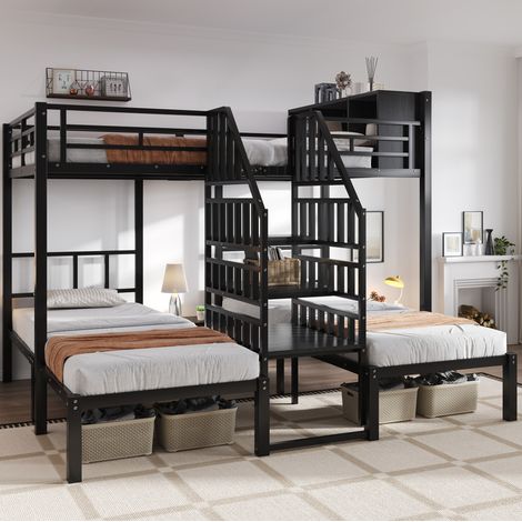 Litera triple 239x208x161 cm negra de metal y madera con escalera con pasamanos y almacenaje (1/5)
