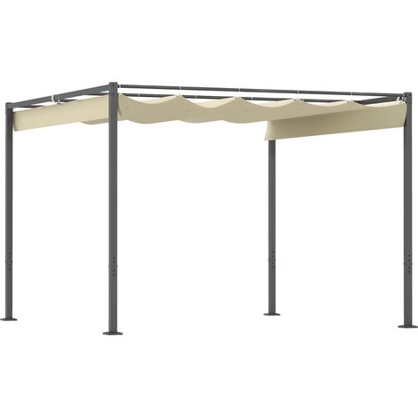 3 x 3 m Garten-Pergola mit einziehbarem Dach, Pavillon, Baldachin für Schatten, UPF30+, Beige