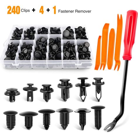 Set di 240 elementi di fissaggio in plastica per paraurti auto. Misure più comuni. Set di rivetti a perno per finiture delle portiere. GM Ford Toyota Honda Chrysler (1/5)