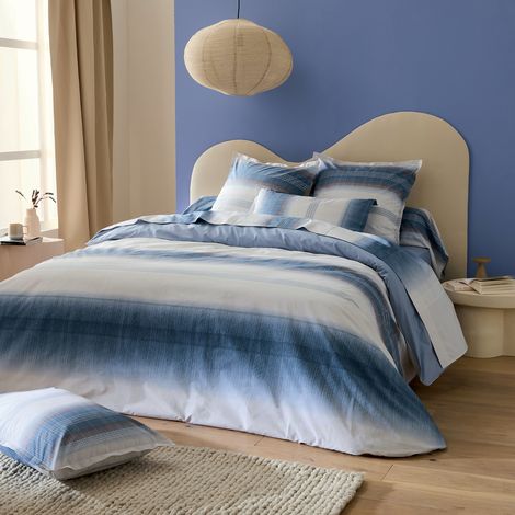 Housse de couette en percale de coton dégradé rayé Bleu 140x200 cm