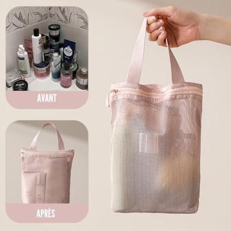 Panier de douche en filet, sac de douche en filet, organisateur de bain à 3 compartiments, panier de douche portable avec fermeture éclair, séchage rapide pour salle de bain, salle de sport, piscine (1/3)