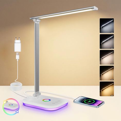10W Lampe de Bureau LED avec Adaptateur, Pliable Lampe de Chevet Dimmable avec 5 Modes de Couleur et réglage de la luminosité de 10 à 100 %, veilleuse couleur, pour Chevet, Bureau, Enfants(Blanc) (1/5)