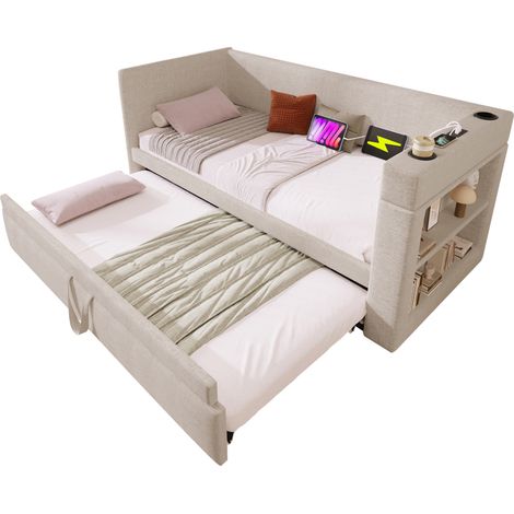 Canapé-lit daybed 90x190 cm avec lit gigogne, accoudoirs réversibles, 3 USB, 1 Type-C, 2 porte-gobelets et rangements latéraux, tissu coton-lin beige  CHICFURN (1/5)