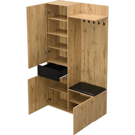 Ensemble vestiaire avec 5 patères, miroir, meuble à chaussures, armoire intégrée avec étagères supérieures, tiroirs, rangements supérieurs, banc d’entrée. (1/5)