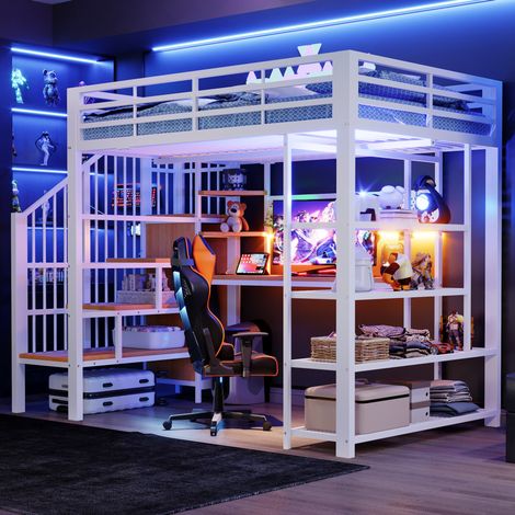 Lit mezzanine moderne 140x200 cm en métal et panneaux bois, blanc, avec escalier rangement, bureau, prises et LED (1/5)