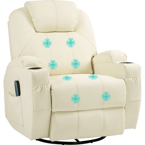 Fauteuil inclinable avec fonction massage, dossier inclinable, pivotant, jusqu'à 150 kg, similicuir, blanc crème