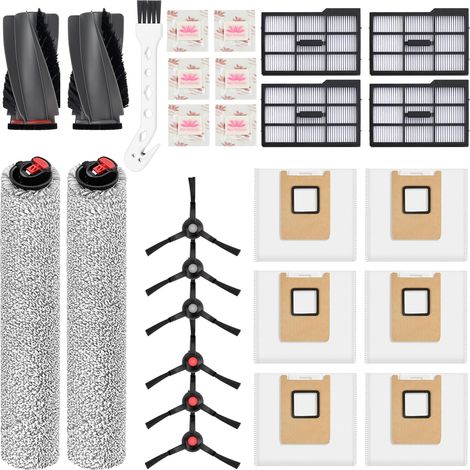 26 Stück Ersatzteileset für eufy E25 / E28,1 Paar Hauptbürsten, 2 Roller-Wischtücher, 4 rechte Seite Filter, 6 Seitenbürsten, 6 Staubbeutel, 6 Flach-Duftstein, 1 Reinigungsbürste Zubehör (1/5)