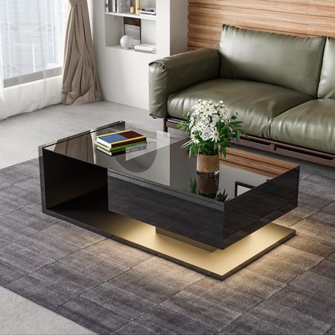 MEUBLIV Couchtisch 105x55 cm Schwarz Hochglanz – Glasplatte, LED und Stauraum (1/5)