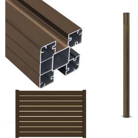 Palo Alluminio colore Rovere per recinzioni frangivento staccionate sezione 80x80mm H 185cm con piastra di ancoraggio, tappo e profili