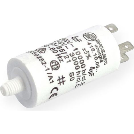 Ducati Energia – Condensateur permanent 4µF à cosses – Ø28mm x 55mm – Sortie double cosses Faston 6.3mm – Homologué VDE EN60252-1 (1/3)
