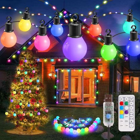 LED Guirlande Lumineuses Extérieur 12.5M USB RGB Guirlandes Lumineuses de Noël 20 Ampoules G40 + 100 Guirlandes LED IP65 étanche 12 Modes pour Jardin Halloween Noël Mariage Fête
