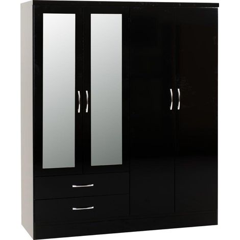 Nevada 4 Door 2 Drawer Mirrored Wardrobe - L52 x W154 x H182.5 cm - Black Gloss (1/5)