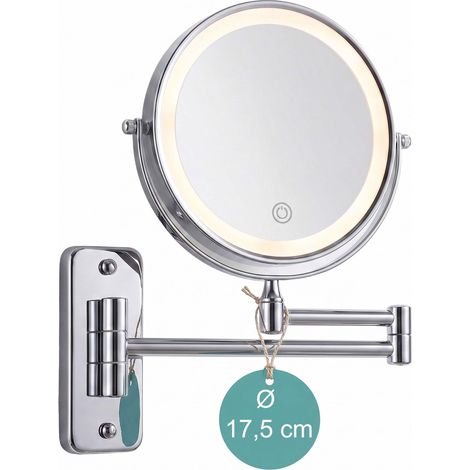 Relaxdays miroir maquillage LED, bras mural USB, grossissement 1x/10x, salle de bain, métal/verre, 30×33×3,5 cm, argent (1/5)