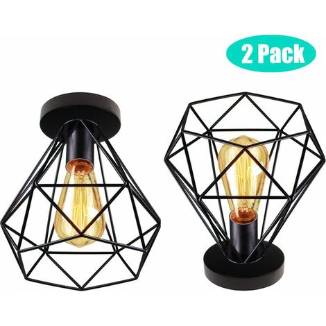Lot de 2 Plafonnier Industrielle 3D Diamant en Métal Cage Fer Lustre pour Salon Chambre Café Bar Restaurent Salle à Manger,Noir BLOW (1/5)