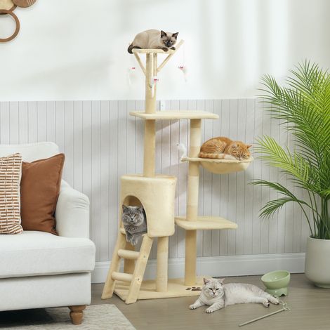 Arbre à chat avec grotte. 4 jouets. Poteaux en sisal. Grande plateforme. Escalier. Pour chats de moins de 5 kg. Beige.