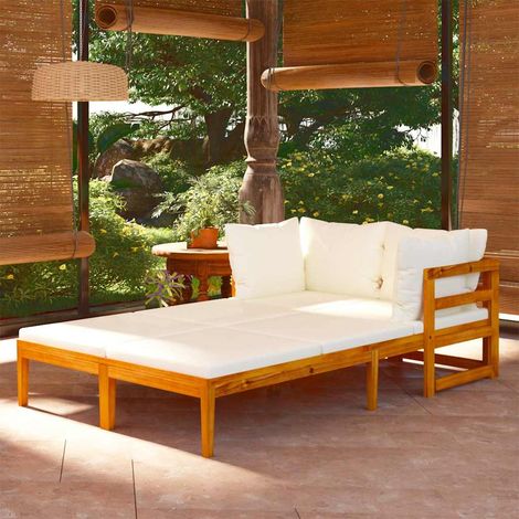Lot de 2 Bains de soleil Chaises de jardin - Transat de jardin avec coussins blanc crème Acacia solide BV567588 - BonneVie (1/5)