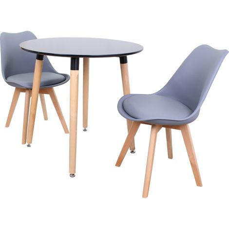 Ensemble de salle à manger rond Halo Lorenzo - une table à manger en bois noir et un ensemble de 2 chaises de salle à manger en polypropylène gris - Salle à manger et cuisine