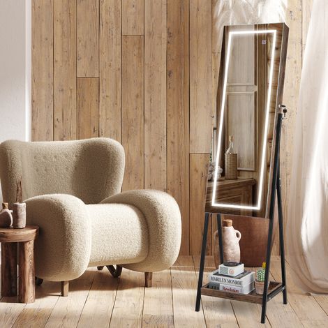 Armoire à Bijoux sur Pied, Armoire de rangement, Miroir Pleine Longueur, LED 3 Couleurs, Interrupteur Tactile, Porte Verrouillable, Café CW9276 Maison Chic (1/3)