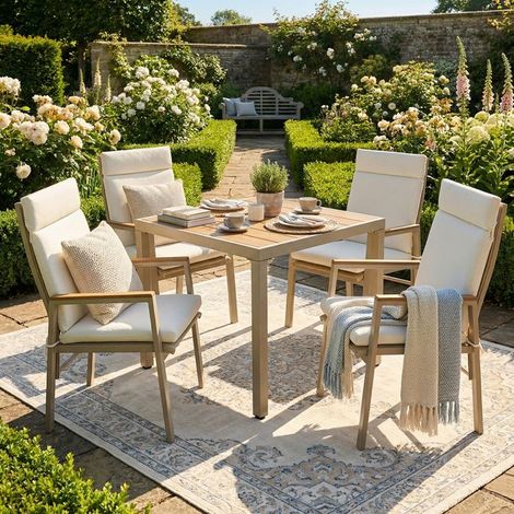 Ensemble de salle à manger de jardin - 1 table + 4 chaises - Acier galvanisé - Plateau WPC imitation bois - Kaki/Beige (1/5)
