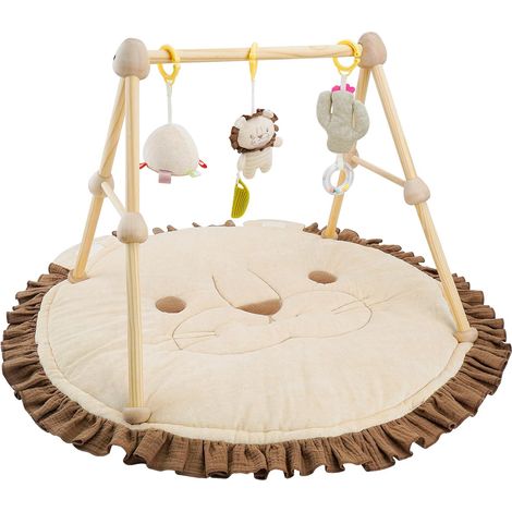 Tapis D'eveil Bebe 4 en 1,avec arche de jeu en bois naturel, 3 Peluches Amovibles,Développement Visuel, Auditif,Tactile et Cognitif,pour 0-3-6-12-36 mois Bébé,Cadeau de Naissance Idéal (1/5)