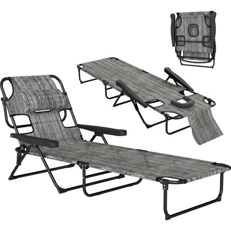 Chaise longue jardin pliante dossier réglable 4 niveaux trou lecture appui-tête gris, 72x194x31 cm (1/5)