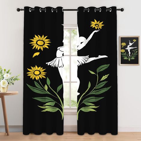 Rideau Occultant Ballerine - Décoration Ballerine, Rideau Thermique Motif Fille Danseuse Ballet Tournesol, Lot de 2 Rideaux Opaque à Oeillets pour Fenetre Chambre Salon, 140x160 cm (LxH) - 2x L 140 X (1/5)