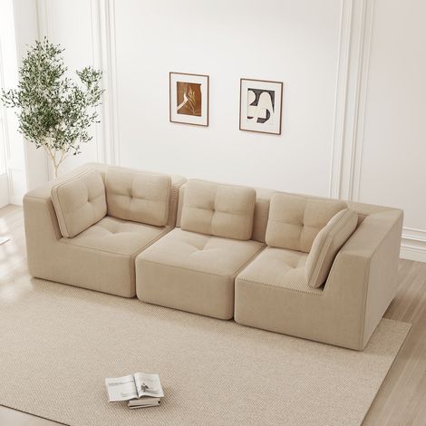 Canapé d'angle modulable velours côtelé beige 3 places assise profonde sans montage