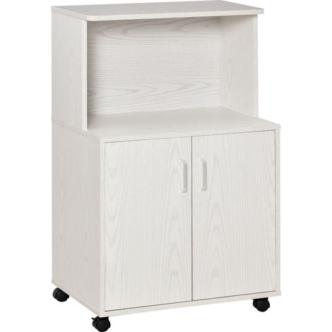 Mobile Cucina Multiuso con Ruote, Armadietto e Ripiano per Microonde, Credenza Alta in Legno Truciolare, 60.4x40.3x97cm Bianco