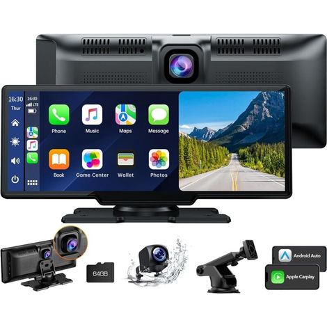 9,26 Pouces Ecran Carplay Voiture avec Caméra Embarquée Avant 2,5 K, Caméra de Recul 1080p, A-pple Carplay Android Auto sans Fil, Mirror Link, Navigation, G00gle, Siri,FM,AUX,Carte de 64 Go
