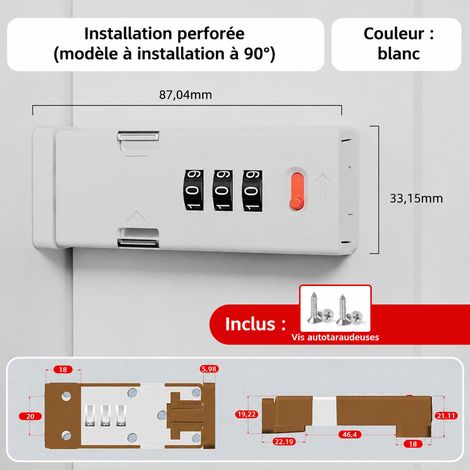 Verrou de porte à code 90 degrés à vis blanc en alliage de zinc et plastique blanc 90 réf 3338 11 × 5 × 3,2 cm 235 g – Livraison gratuite