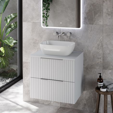 Helix 460 Fluted Satin White 600mm Wall Mounted 2 Drawer Vanity Unit for Countertop Basins