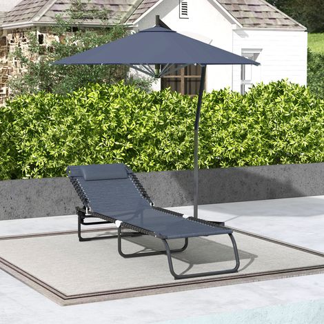 Outsunny Bain de Soleil transat Pliable Dossier inclinable Multi-Positions Acier thermoplastique Lacets élastiques Noir textilène Gris