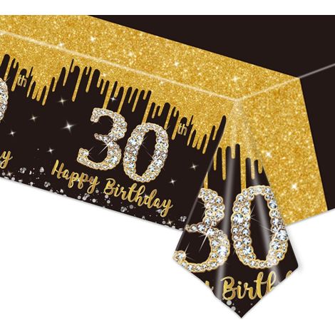 Nappe 30ème anniversaire Noir Or 137x274cm Lavable Plastique Rectangulaire
