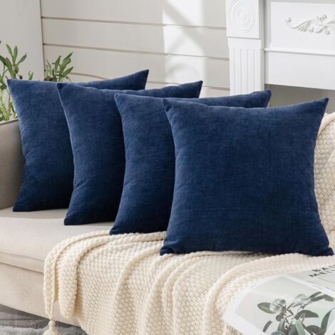 Lot de 4 housses de coussin décoratives carrées en chenille ultra douce, style ferme et automne, pour salon, chambre à coucher, bleu marine, 45 x 45 cm (1/5)