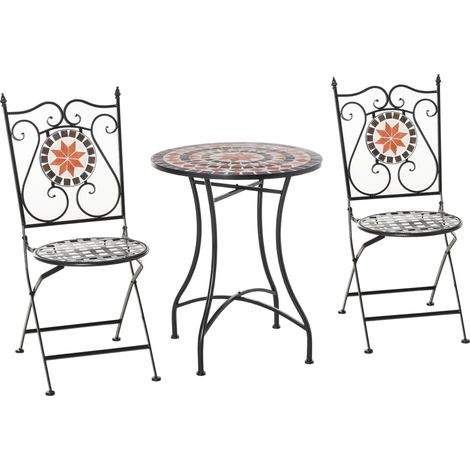 3-teiliges Gartenmöbelset: 2 Klappstühle und 1 Couchtisch aus Metall und Keramik