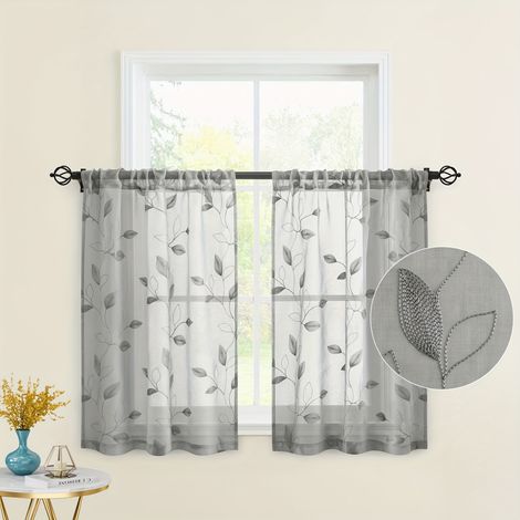 Lot de 2 rideaux semi-transparents en polyester, motif feuilles brodées, avec passe-tringle, 88 x 114 cm, gris. (1/5)