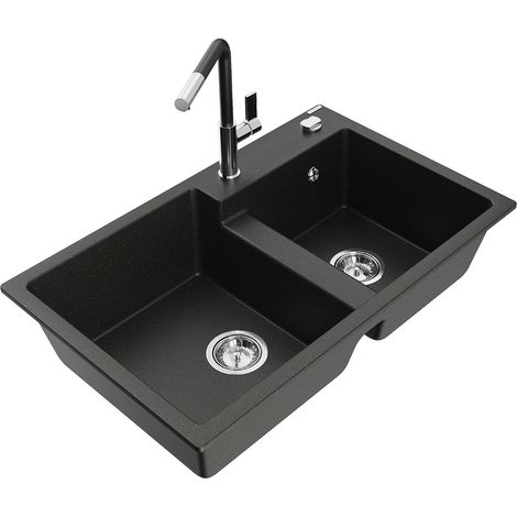 Mexen Tomas 2-Becken-Granitspüle mit Mischbatterie Flora, Schwarz/Gold metallisch - 6516-75-670401-0