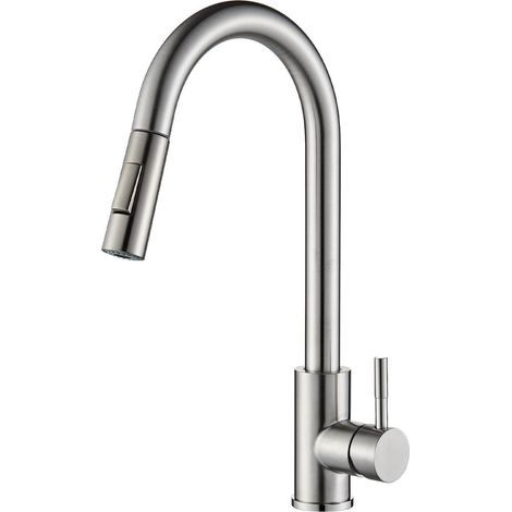 Küchenarmatur Edelstahl mit herausziehbarer Brause, 360° schwenkbar, 2 Strahlarten, gebürstet (1/5)