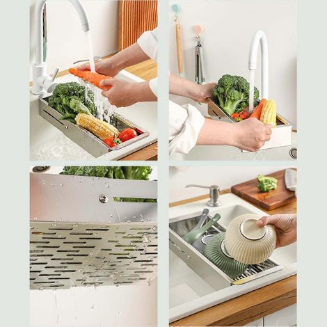 Support de rangement pour panier à fruits et légumes avec égouttoir rétractable pour évier de cuisine (1/4)
