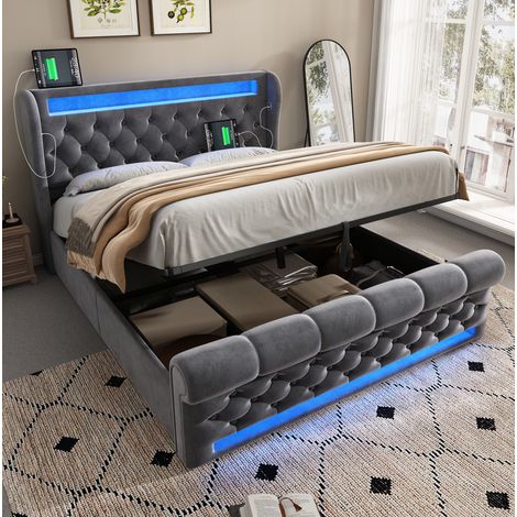 Letto contenitore adulto 140x200 cm con LED e porte USB, in velluto, grigio, senza materasso (1/5)