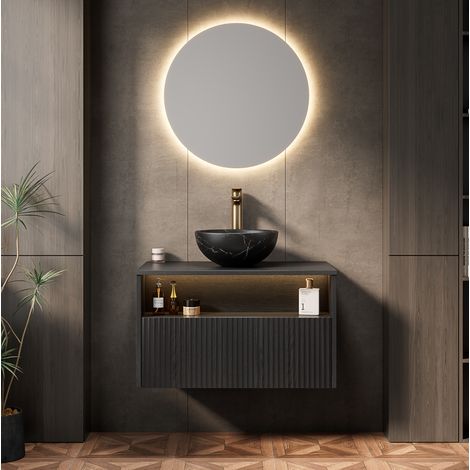 Meuble vasque suspendu 80 cm moderne avec vasque en céramique, 1 tiroir soft-close, niche ouverte, LED, noir (1/5)