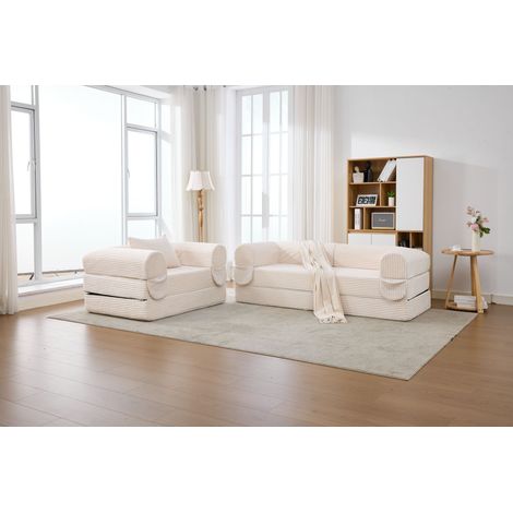 Set di divani modulari in corda 1 posto + 2 posti, divano a terra senza telaio, panca imbottita spessa in tessuto a righe, moderno divano ad angolo per soggiorno, camera da letto e appartamento (1/5)