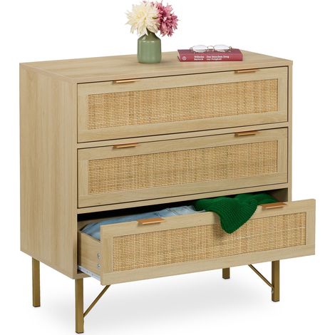 Relaxdays Cassettiera Camera da Letto, Comò con 3 Cassetti, 80x80x42 cm, Settimino in Look Rattan e Legno, Naturale Oro