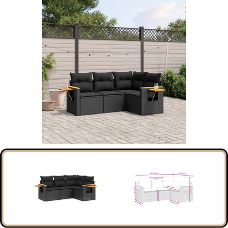 Salon de jardin 4 pcs avec coussins noir résine tressée - Ensemble Salon De Jardin - Meuble Extérieur - Canapé Jardin - Rotin Synthétique - Résine Tressée