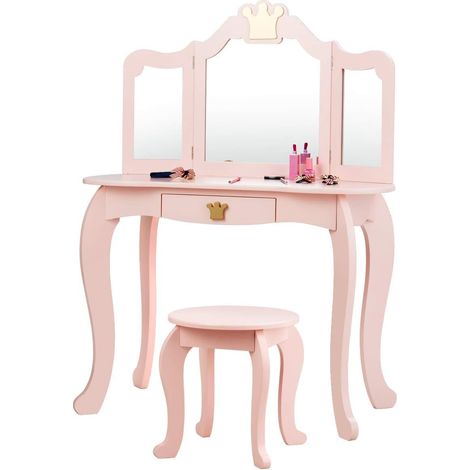 Coiffeuse en Bois pour Enfant Fille avec Tabouret Rose - Table pour Enfant avec tiroir et Miroir Amovible (1/5)