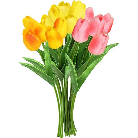 Soavoa Tulipes Artificielles Réalistes Toucher Humide Bouquet Décoration Intérieure Table Mariage Fête Maison Rose Jaune Orange (1/4)