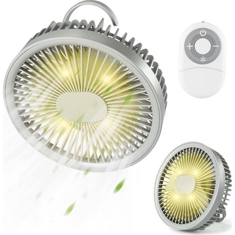 Mini Ventilateur Portable Suspendu, Ventilateur Bureau Rotation à 180° avec Lumières LED, Télécommande Magnétique Pratique, 3 Vitesses Silencieux, USB Rechargeable pour Maison Camping