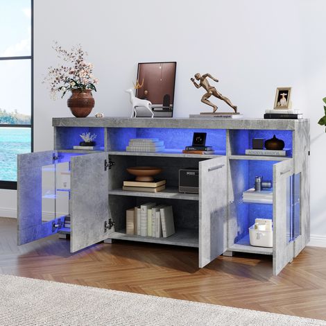 REDOM Buffet 140x40x70 cm, con luce LED, in vetro temperato con 3 scomparti, 2 ante, ampio vano contenitore, grigio, per soggiorno