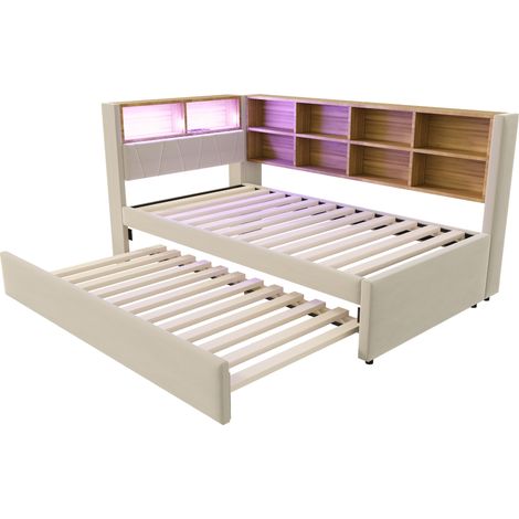 Sofá cama multifunción 90x200 cm con cama nido 90x190 cm, LED, enchufes, beige, HOMVRA (1/5)