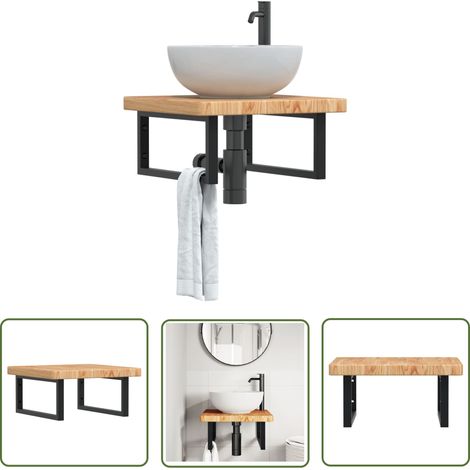 The Living Store Étagère de vasque murale acier et bois de chêne massif - Meuble De Salle De Bain - Étagère Murale - Étagère De Lavabo - Meuble Suspendu - Rangement Salle De Bain (1/5)